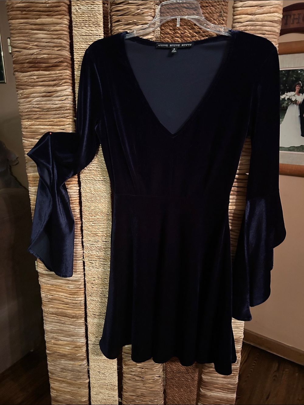 Navy Velvet V-Neck Bell Sleeve Dress